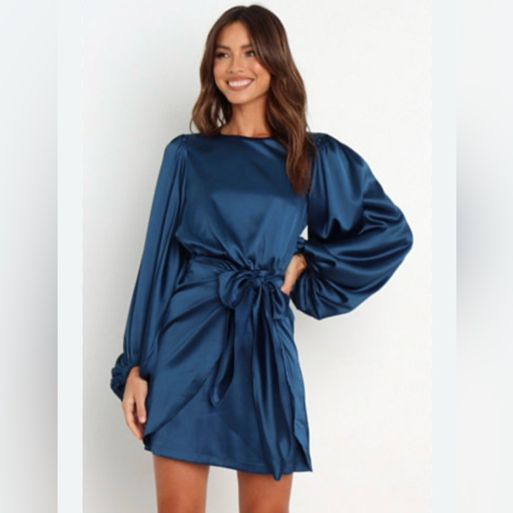 Petal & Pup Satin Long Sleeve Mini Dress in Teal Blue